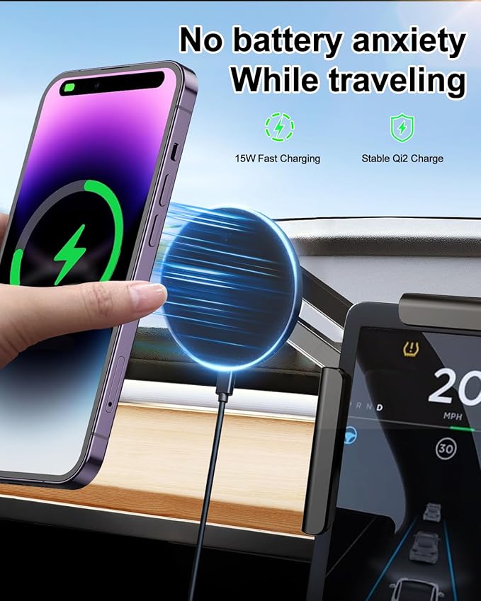 for Tesla Model Y Model 3 Cybertruck 15W Wireless Phone Charger Holder [No Annoying Light], Car Phone Charging Mount for Magsafe, No Adhesive, 360° Adjustable, Compatible with All Smartphones