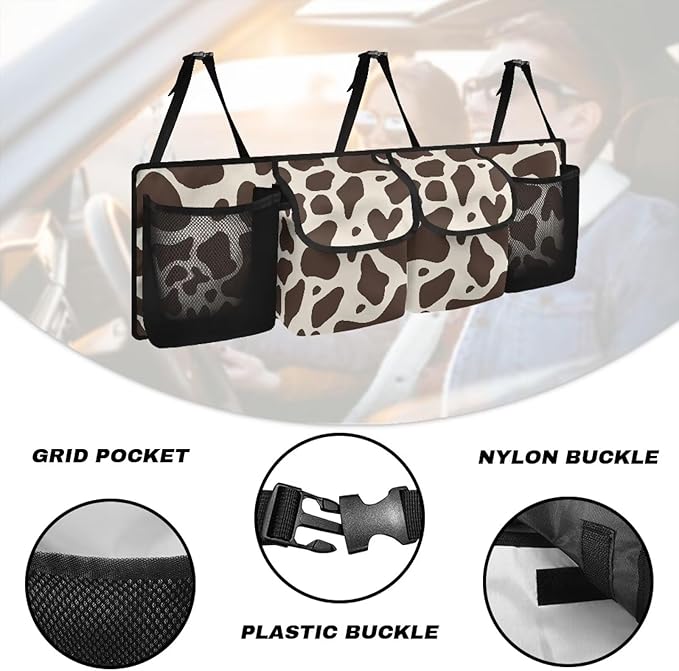 Brown Cow Print Car Trunk Organizer, Hanging Car Back Seat Storage Bag with 4 Pockets Waterproof Universal Automotive Accessories for Most SUVs Sedans Trucks Jeeps