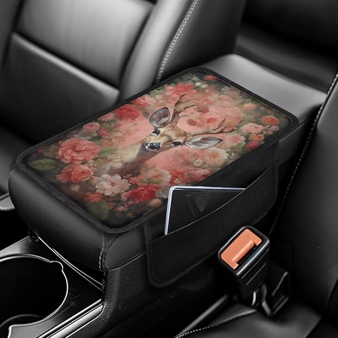 Deer and Floral Print Car Armrest Cover Comfortable Car Armrest Storage Box Mat Wear-Resistan Car Armrest Cover Cushion Car Interior Accessories Protector