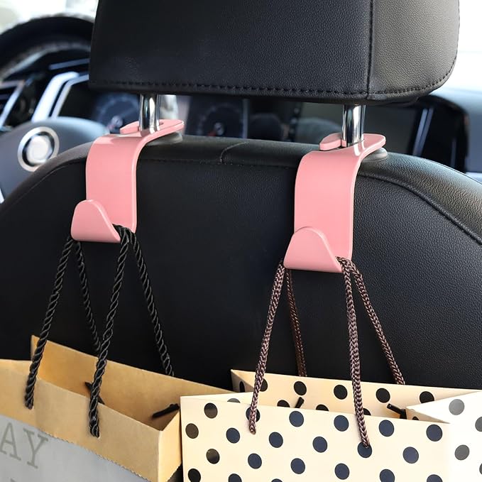 Soleebee 4 Pack Car Seat Hooks - Universal Auto Hooks, Back Seat Hangers, Storage Organizer (Pink)