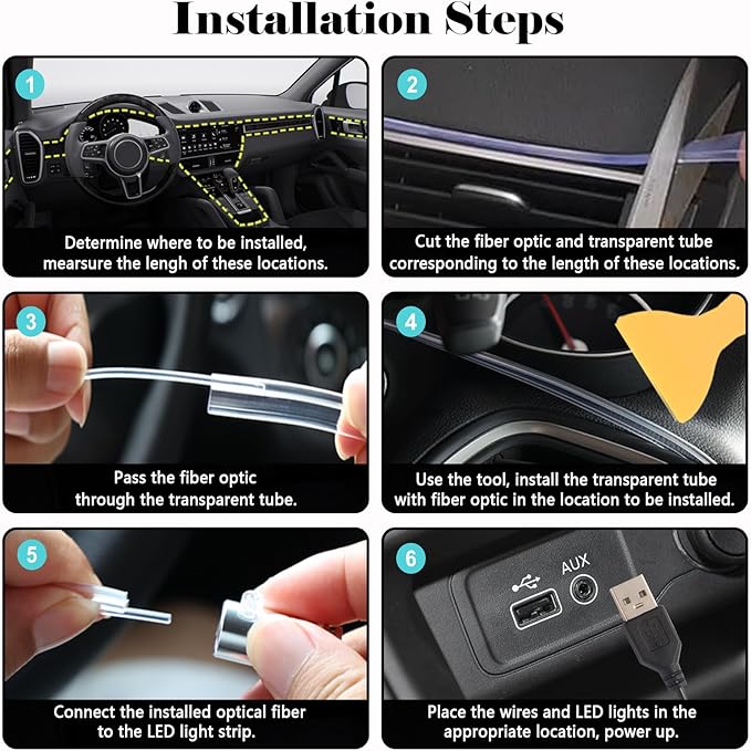 DEHERANE Interior Car LED Strip Lights, RGB 6 in 1 Ambient Lighting Kits with 315 inches Fiber Optic, 16 Million Colors Car Interior Lights with Wireless APP and Remote Control, Sync to Music