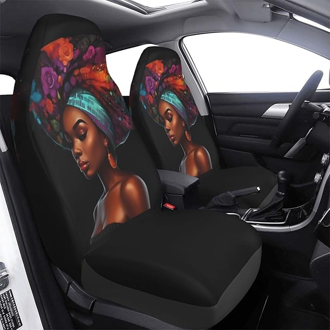 Delerain Car Seat Covers Set 2Pcs, Black African Women Glitter Universal Front Car Seats Vehicle Enterior Protector Suitable Fits Most Car Auto SUV Sedan Truck