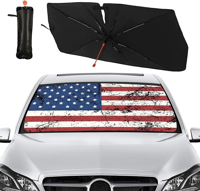 Retro American Flag Car Windshield Sun Shade Umbrella Foldable America Patriot Sunshade for Front Window Auto Windshield Sunshade Covers USA Car Accessories Protect from Sun Rays Heat 57'' X 30''