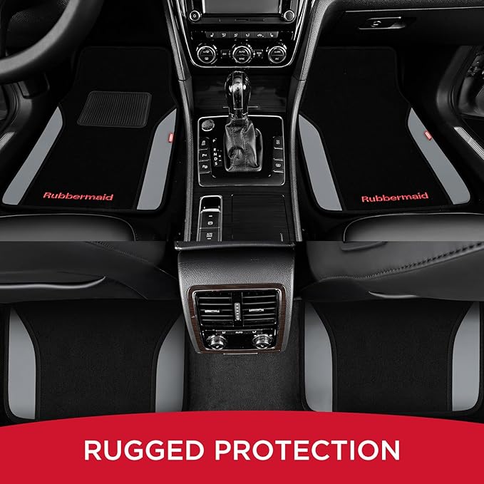 Rubbermaid Car Mats, Carpeted Floor Car Mat with Faux Leather & Built-in Heel Pad, Two-Tone Car Rug Floor Mats, Stylish Carpeted Floor Mats for Cars, Trucks & SUVs Gray Color