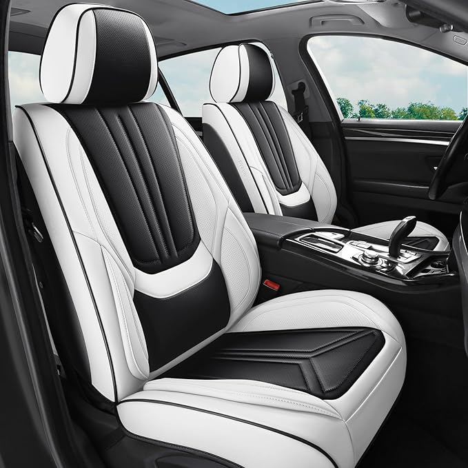 Car Seat Covers, Premium Leather Car Seat Covers, Waterproof and Breathable Seat Covers, Universal Car Seat Protector Fit for Cars, Trucks, SUVs, Pick-ups (Black & White, FullSet)
