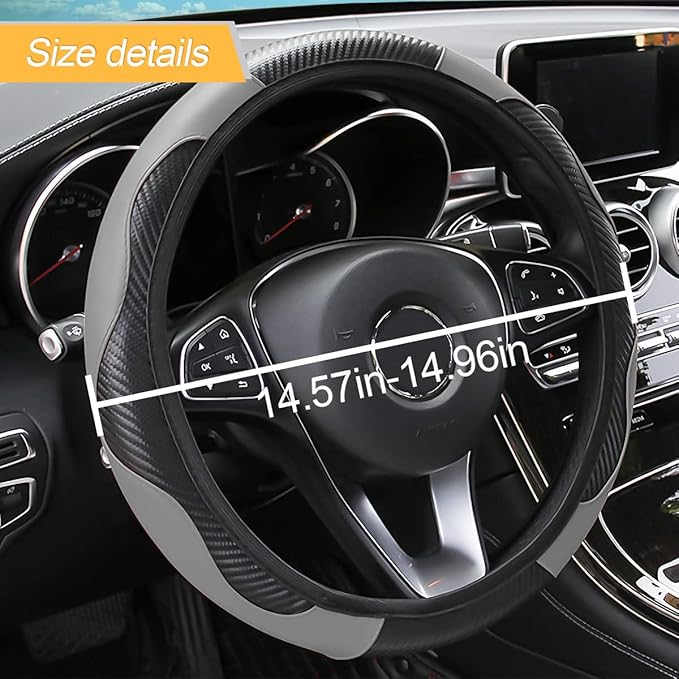Car Steering Wheel Cover, 15 Inch PU Leather Carbon Fiber Elastic Stretch Without Inner Ring, Breathable Anti-Slip Auto Steering Wheel Protector for Women Men, Universal for Most Cars (Gray)