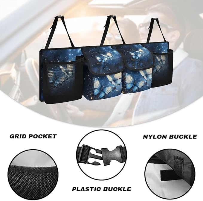 Blue Butterfly Print Car Trunk Organizer, Hanging Car Back Seat Storage Bag Multipurpose Auto Trunk Organizer Universal Automotive Trunk Storage Accessories