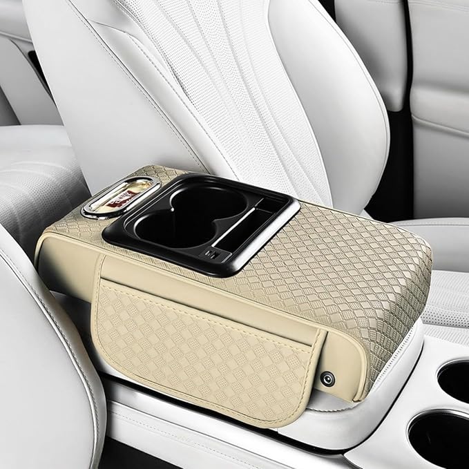 2026 Upgraded Car Center Console Cushion with 30w USB& Type-C Charging Ports, Leather Car Armrest Pad Cover, Interior Accessories for Most Vehicles (Classic Flat Version, Light Beige)
