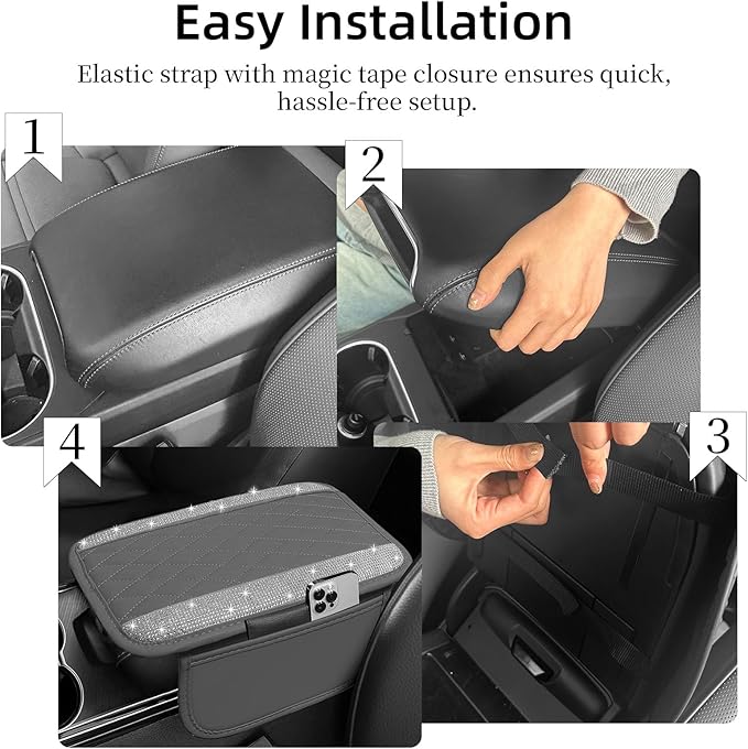 NBTEPEM Bling Gray Car Center Console Cover, Leather Car Arm Rest Cover with 2 Storage Bags, Universal Auto Armrest Protector Storage Box, Bling Accessories Interior for Most Vehicles