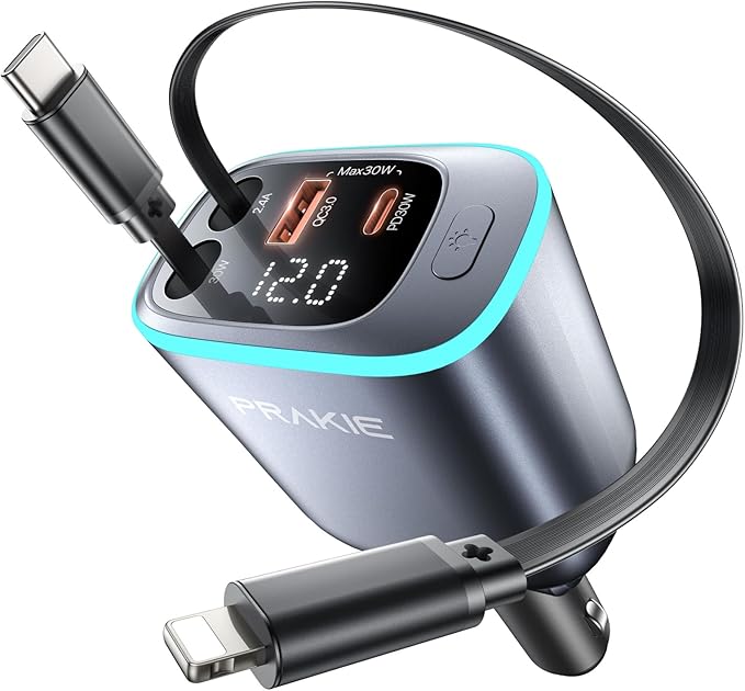iPhone Car Charger, Retractable Fast USB C Phone Charger, 4 in 1 Cigarette Lighter Adapter with 2 Cables 25 Inch and 2 USB Ports, Multi Port USB Car Charging for iPhone 17/16/15/14/13/Pro Max