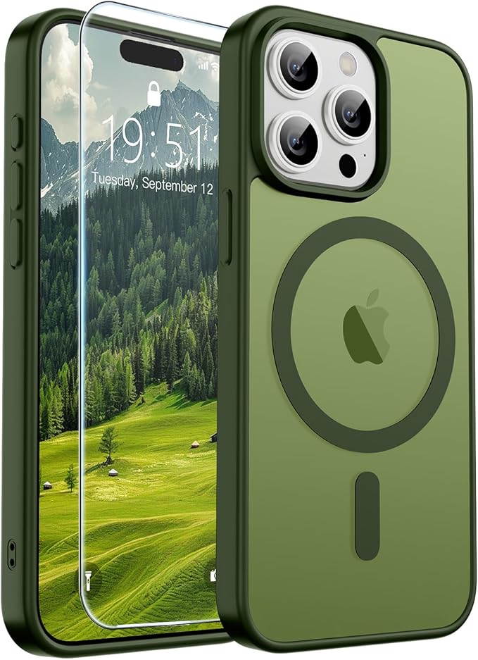 SUPFINE Magnetic for iPhone 15 Pro Case (Compatible with MagSafe) (Military Grade Drop Protection) Translucent Matte Shockproof with Anti-Fingerprint Phone Case,Cangling Green