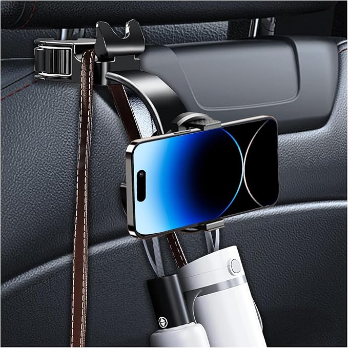 Car Seat Headrest Hook, 2 in 1 Auto Back Seat Hanger with Magnetic Phone Holder, Multifunctional Vehicel Backseat Orgnaizer Storage Hooks for Purse Grocery Bag Umbralle (Clamp)