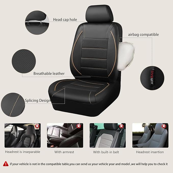 CAR PASS Universal FIT Piping Leather Car Seat Cover, for suvs,Van,Trucks,Airbag Compatible,Inside Zipper Design and Reserved Opening Holes (Full Set, Black and Beige)
