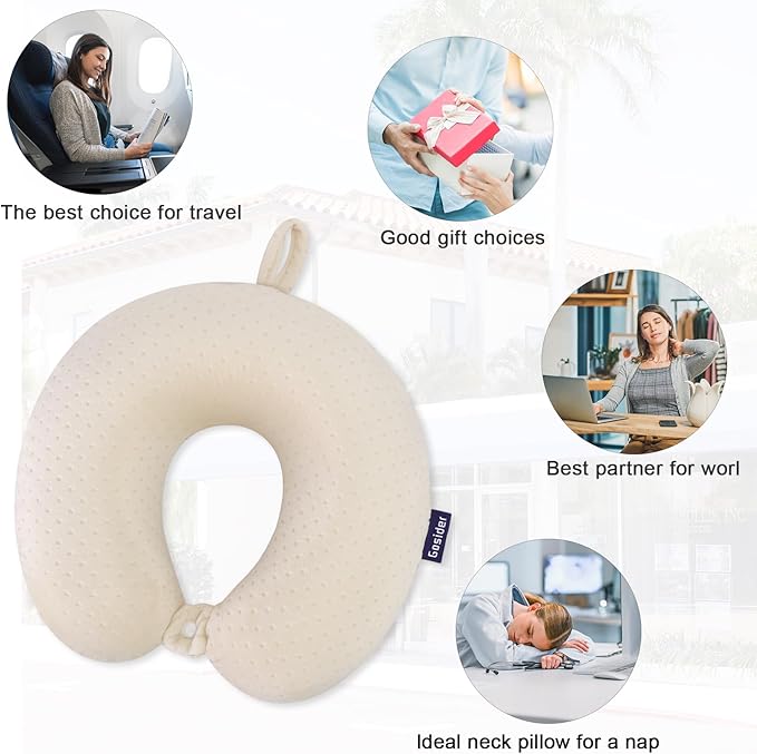 Memory Foam Neck Pillow Comfortable Travel Neck Pillow Neck and Head Support Lightweight Portable Airplane Travel Pillow for Sleeping, Traveling,Car, Train, Bus and Home Use Beige