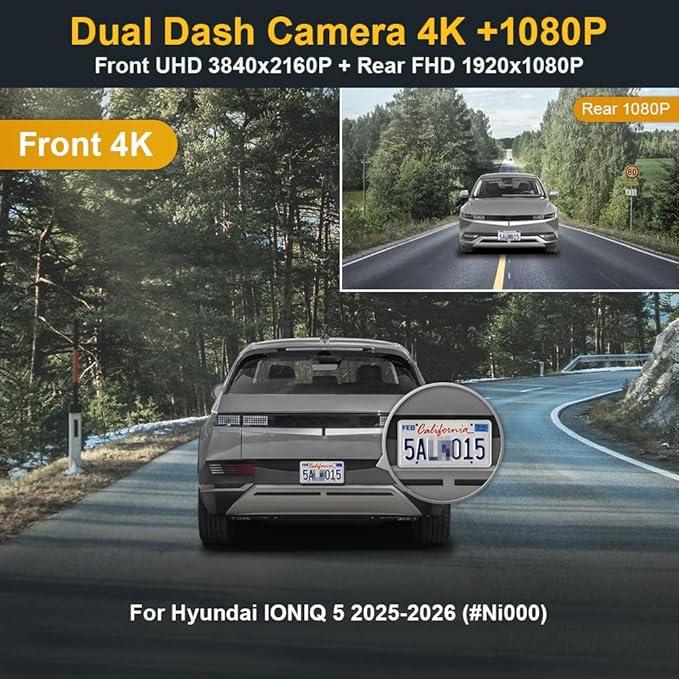 Fitcamx Front 4K+Rear 1080P Dash Cam Adapts for Hyundai Ioniq 5 2025-2026 (7 Vents/HD2-Ni000) & 2025 Ioniq 5 N, OEM Look, Dual HD Video, WiFi & APP, Loop Recording, G-Sensor, Easy to Set, 128GB Card