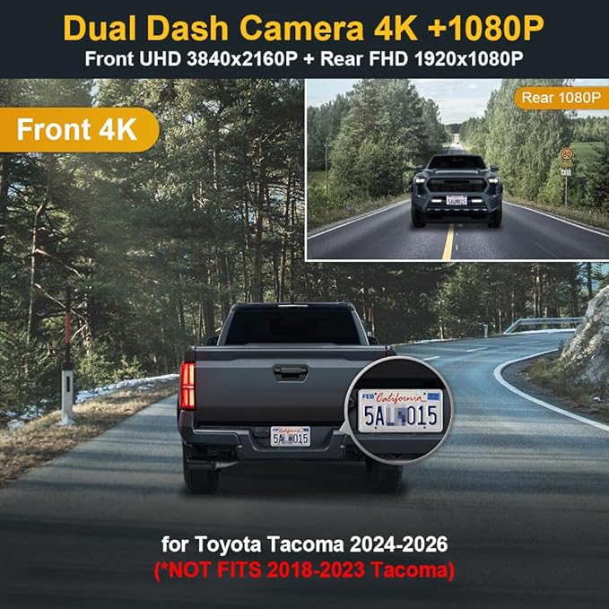 Fitcamx Front 4K+Rear 1080P Dash Cam Adapts for Toyota Tacoma & Hybrid 2024-2026, Integrated OEM Look, 2 Way HD Video, WiFi & APP, Loop Recording, G-Sensor, Night Vision, Easy to Use, 128GB Card