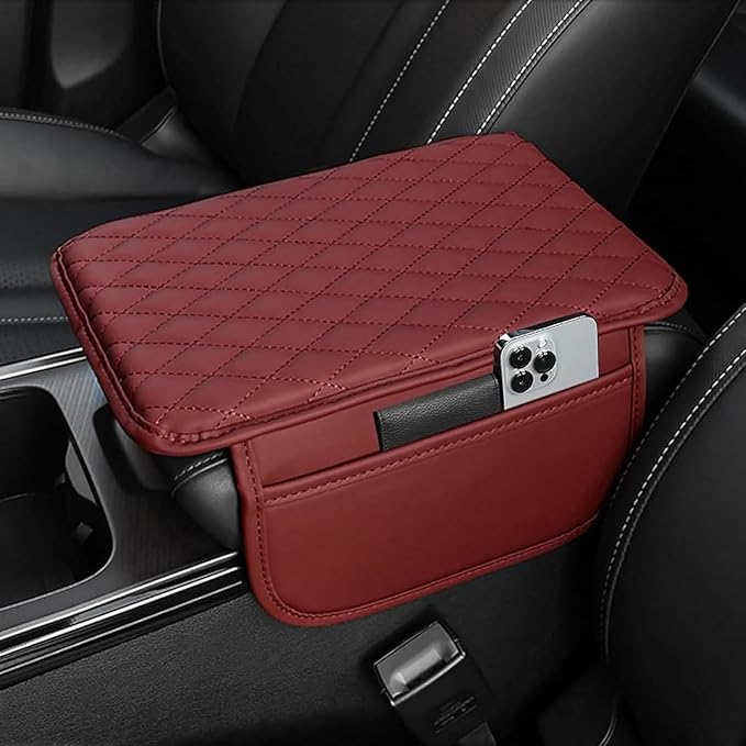 Car Armrest Cushion for Isuzu D-MAX MU-X 2015-2025, Center Console Covers Pad Leather Accessories, Arm Rest Protector Mat with Side Storage Bag for SUV/Sedan/Truck, D/Red