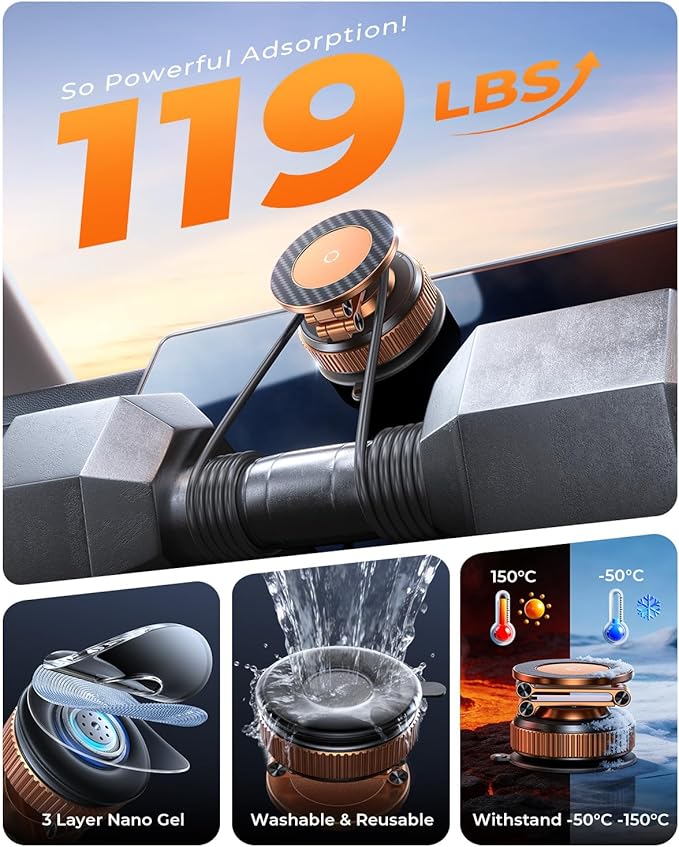 2026 Upgraded 360°Rotation Nano Gel Suction Phone Holder, Foldable Metal Vacuum Magnetic Phone Holder [119+LBS Strongest Suction & Magnetic] Phone Mount for Your Car for iPhone 17 16 Pro Max-Golden