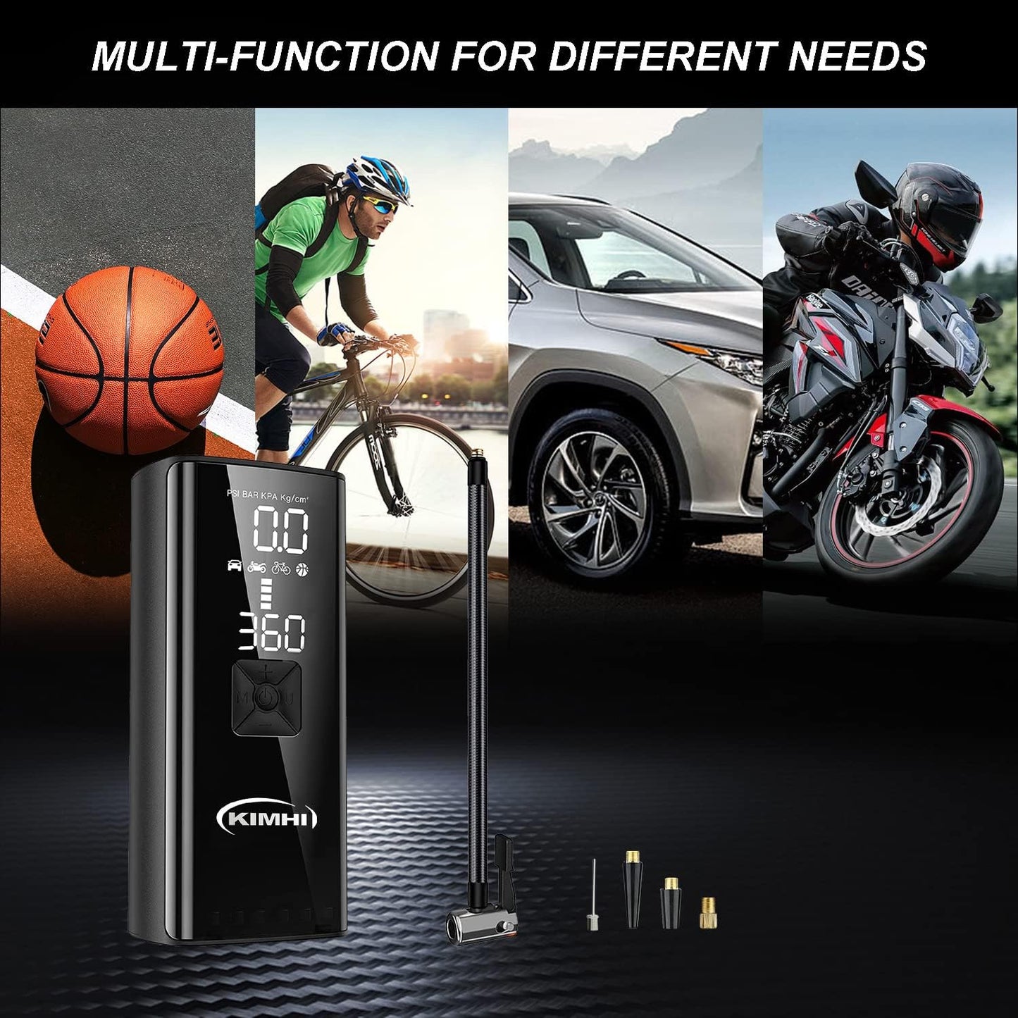 Tire Inflator Portable Air Compressor - KIMHI 150 PSI Cordless Car Air Pump,2X Faster Pump with 10000mAh Rechargeable Battery,Digital Pressure Gauge, LED Light,For Car,Motorcycle and Ball