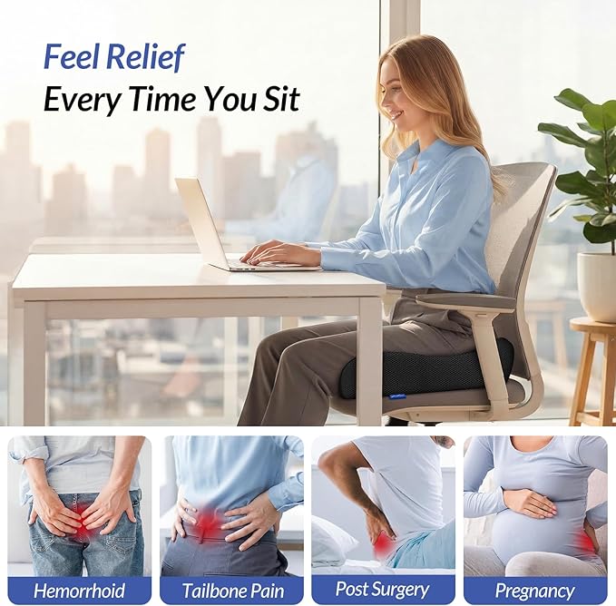 ZIKEE Thickened Seat Cushion, Ergonomic Memory Foam Hemorrhoid Pillow for Hip, Sciatica, Long Sitting Relief, 6.0" Thick Office Chair Cushion with Widened Cutout for Tailbone Pain Relief in Car, Home