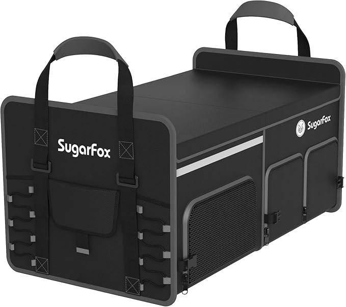 SugarFox Bold Color Block Trunk Organizer, Foldable with 26L Ice Pack,95L Dedicated Shoe Space, Stylish for SUV/Car (Black, Midsize)