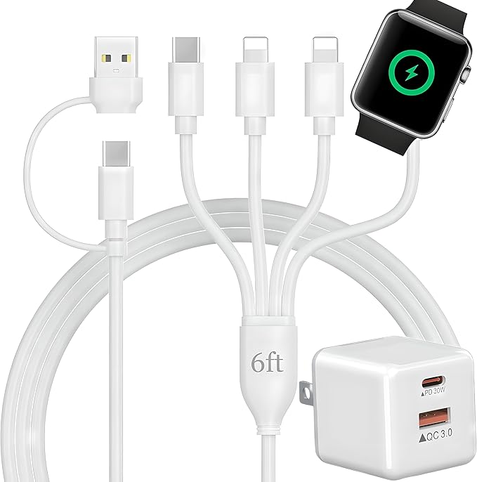 TOP-UP Apple Watch Charger USB C with 30W PD Fast Wall Plug – 4 in 2 Magnetic Charging Cable for iWatch Series 11–1/SE/Ultra, iPhone 17/16/15/14, iPad, Multi Charging Cord for Travel 6FT