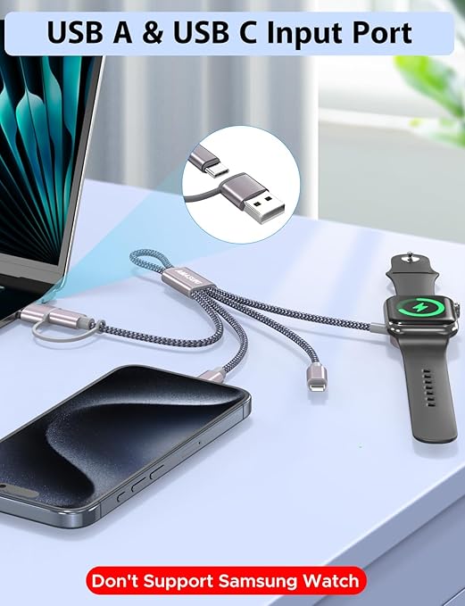 Travel Essentials,3 in 2 USB C Cable for Apple Watch Charger,iPhone Charger,Multi Charging Cable,Cruise Vacation Camping Essentials,Portable for iWatch Series 11-2/Ultra/SE & iPhone 17-12,Car,0.7FT
