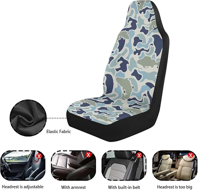 ELEQIN Fish Camo Car Front Seat Covers, 2 Pack Polyester Automotive Seat ProtectorsSoft & Breathable, Automotive Interior Accessories for Most Cars
