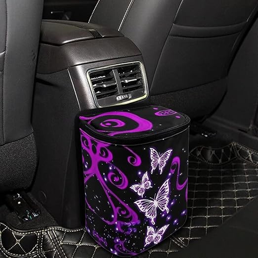 BIGCARJOB Purple Butterfly Car Trash Bin Bags Hanging Accessories Storage Bag for Women Girly Cute Butterfly Car Trash Can with Lid Collapsible Reusable Bin