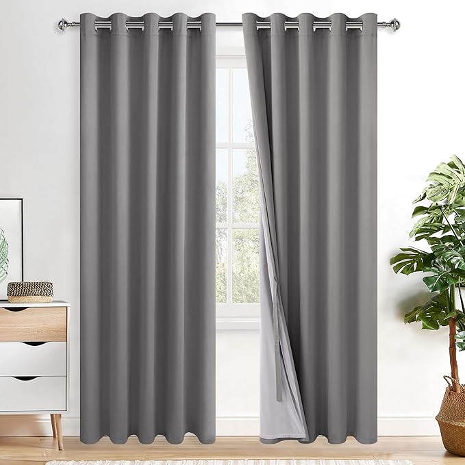 XWZO Blackout Curtains 84 Inches Long with Tiebacks- Full Light Blocking & Energy Efficiency Extra Wide Window Draperies Grommet Top with Black Liner for Bedroom, Grey, W60 x L84, Set of 2