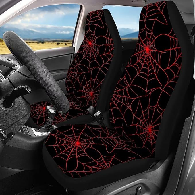 KEIAHUAN Red Spider Web Halloween Car Seat Covers Front and Rear Bench Seat Cushion Cover Universal Fits for Car, SUV, Sedan, Truck