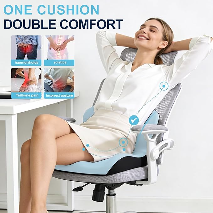 Seat Cushion, Office Chair Cushion, L-Shaped Ergonomic Car Seat Cushions, Memory Foam Chair Cushion, Lumbar Support Pillow for Wheelchair, Car, Home, Office, Desk, Blue