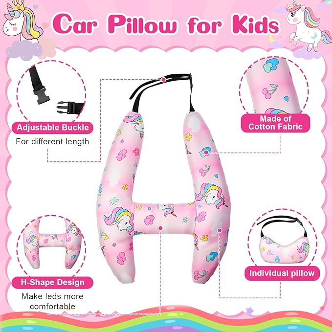 Chunful H-Shape Car Seat Pillow for Kids Car Travel Pillow for Kid Children Vehicle Sleeping Head Support Back Seat Adjustable Head Neck and Shoulder Support for Long Trips Sleeping (Unicorn)