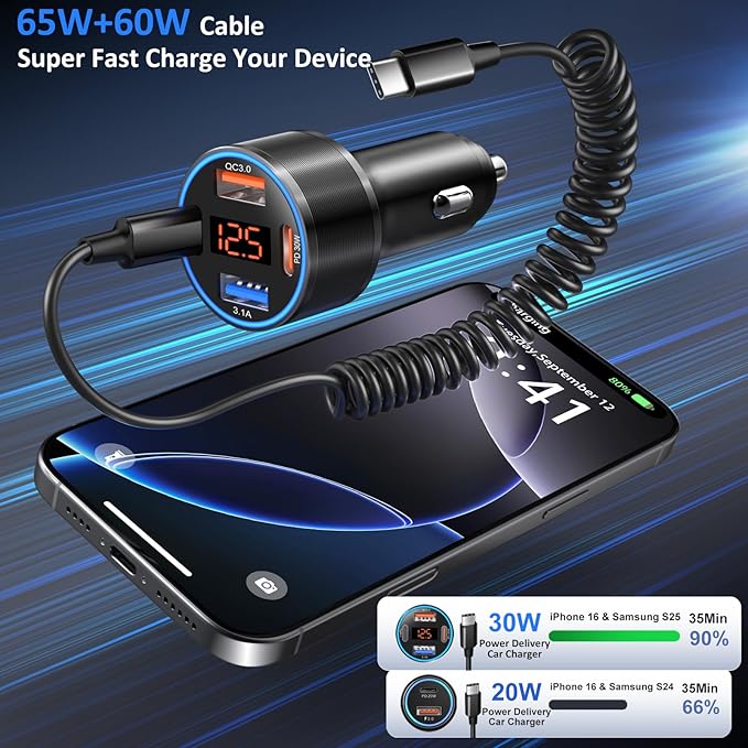 65W 4-Port Super Fast Car Charger Type C for Galaxy S25 S24 S23 Ultra S22 S21 A16 A53 A54 PD/QC3.0 Android Car Phone Charger USB C Cigarette Lighter Voltage Meter Adapter+5FT Type C Coiled Cable