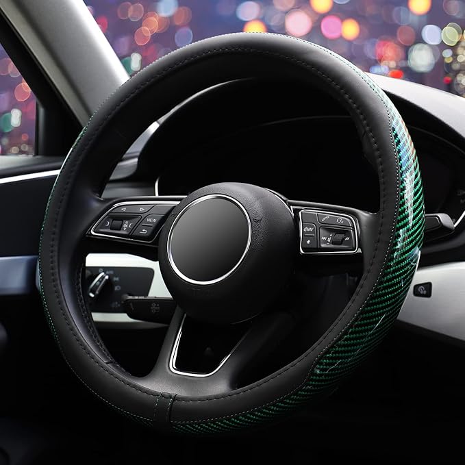 ZHOL Carbon Fiber Steering Wheel Cover, Universal 15 Inch Microfiber Leather Auot Car Steering Wheel Cover for Women Men, Anti-Slip, Black&Green
