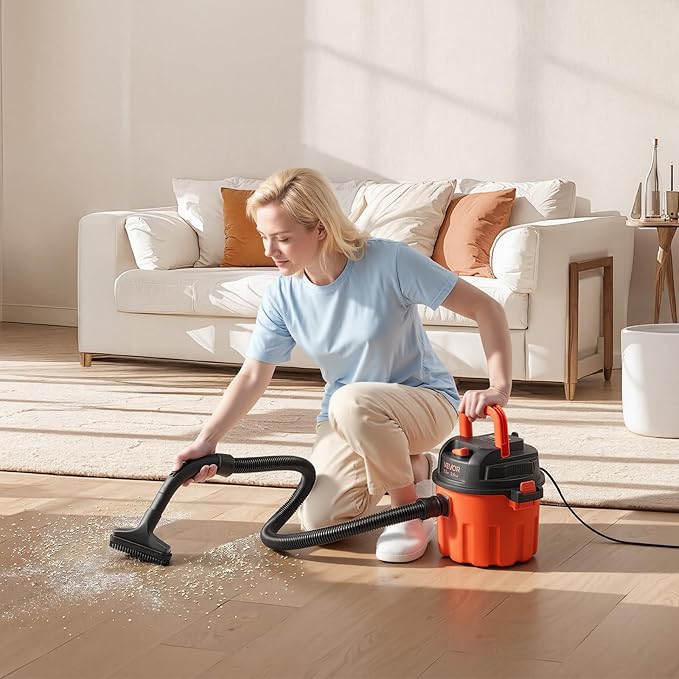 VEVOR Dry Vacuum Cleaner, 2.6 Gallon 2.5 Peak HP Portable Shop Vac with 800W Input Power, Various Nozzles, 1.25in Diameter x 4ft Hose, 9.2ft Cord for Home, Garage, Jobsite, Workshop, Black Orange