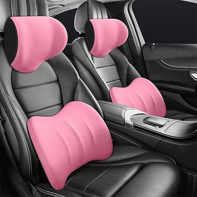 Car Headrest & Lumbar Support Cushion for Toyota RAV4 2012-2024, Ergonomic Car Seat Headrest Memory Foam Neck and Back Pillow Kit Breathable Removable for Driving Fatigue Relief,Dpink