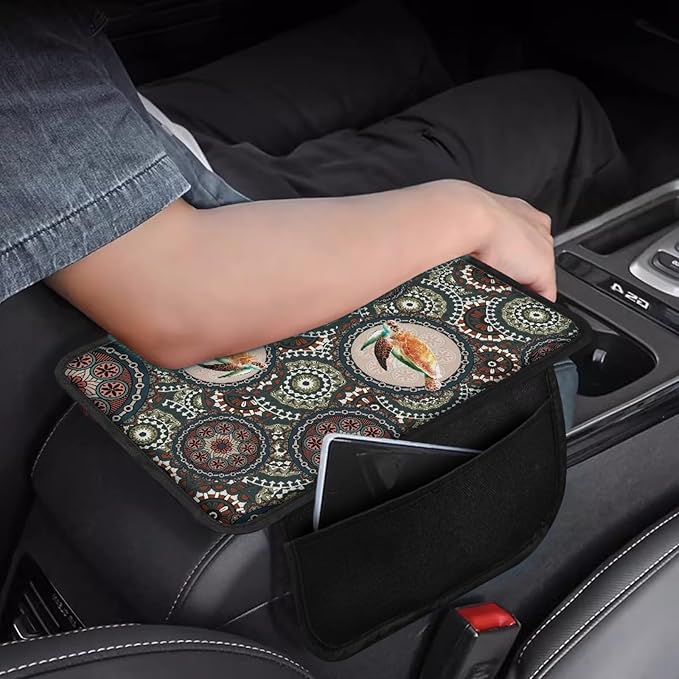 Boho Mandala and Turtle Print Car Armrest Cover Breathable Auto Center Console Pad with 2 Storage Bags Anti-Slip Car Armrest Cover Cushion Universal Fit for Sedan Truck SUV