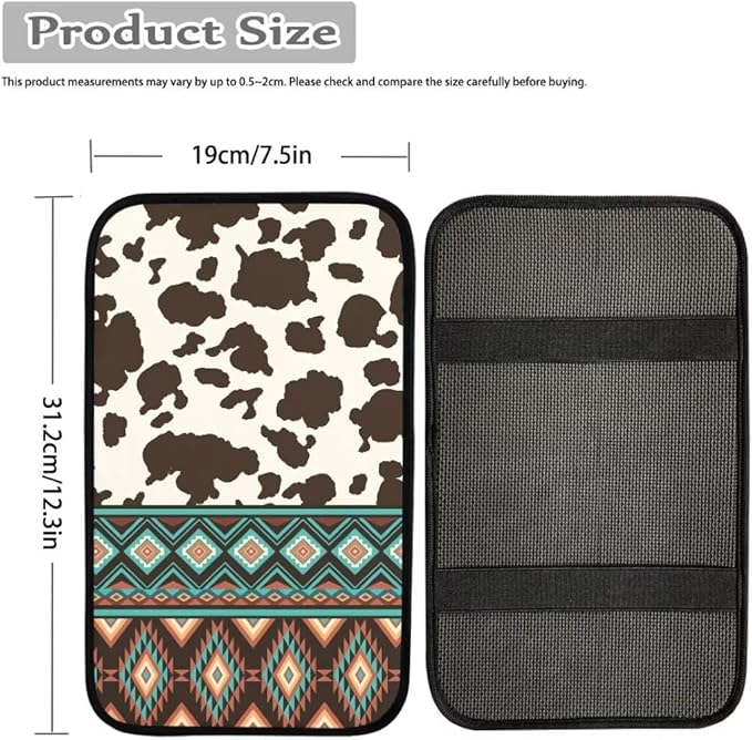 Coldinair Brown Cow Car Center Console Pad Ethnic Aztec Soft Armrest Protector Cover Fit for Most Vehicle,SUV,Truck,Washable
