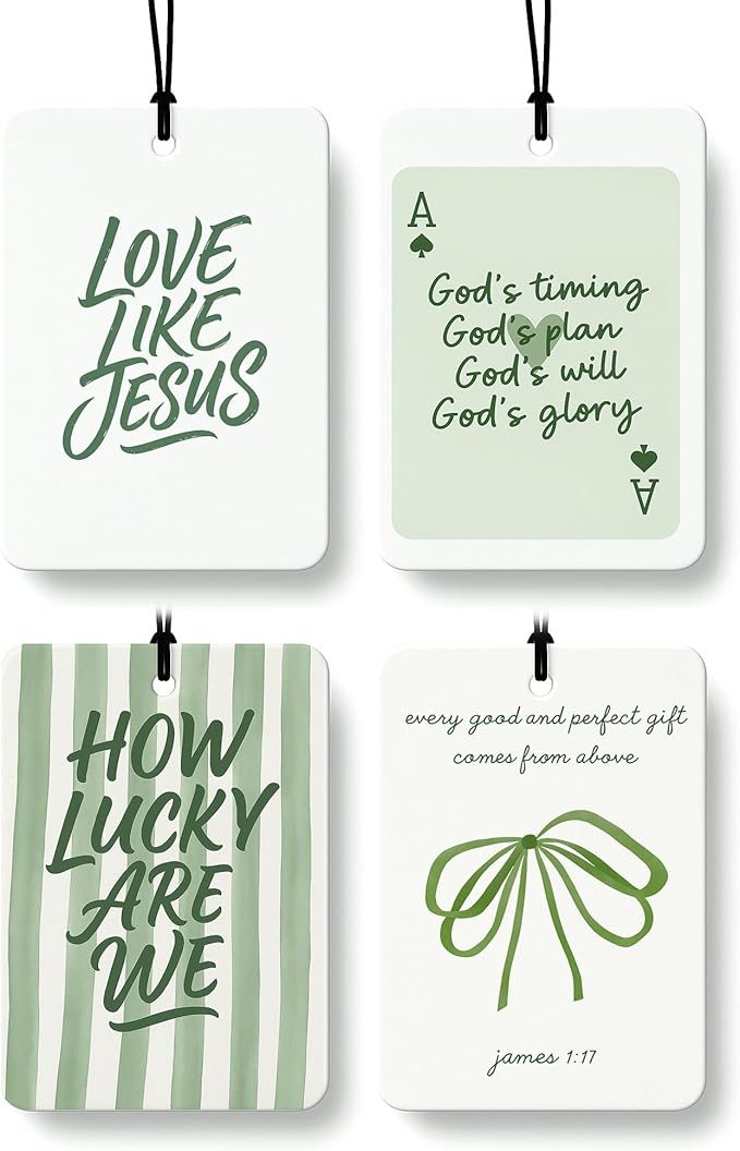 Green Christian Cologne Car Air Freshener 4 Pcs, Coquette Bow Ace Card Jesus Religious Hanging Air Freshener for Cars Bathroom Dorm Books Decor, Christian Accessories Gifts for Women Girls