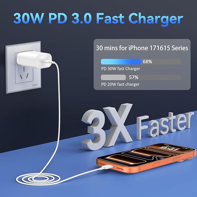 Phone 17 16 15 Charger Fast Charging,30W USB C Phone 17 16 15 Pro Max Charger Block & 8FT Long Type C Cable Cord for i.Phone 17/Air/17 Pro/17 Pro Max/16/16 Pro/16 Pro Max/15/15 Pro Max,White