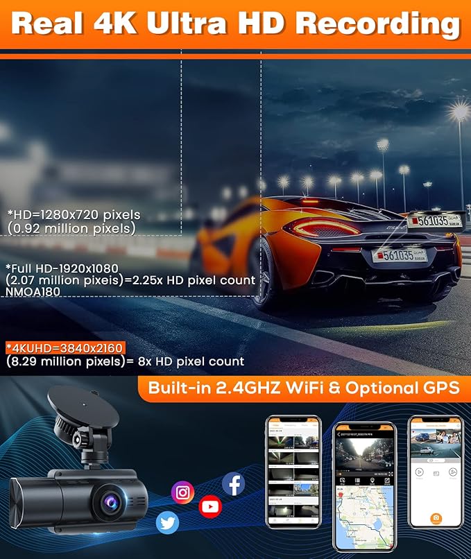 Moplasz Dash Cam Front Rear, 4K Full HD Dash Camera for Cars, Included 32GB Card, 3 Channel Dashcam Built-in Wi-Fi GPS, Night Vision, WDR, 24H Parking Mode (2160p Dash)