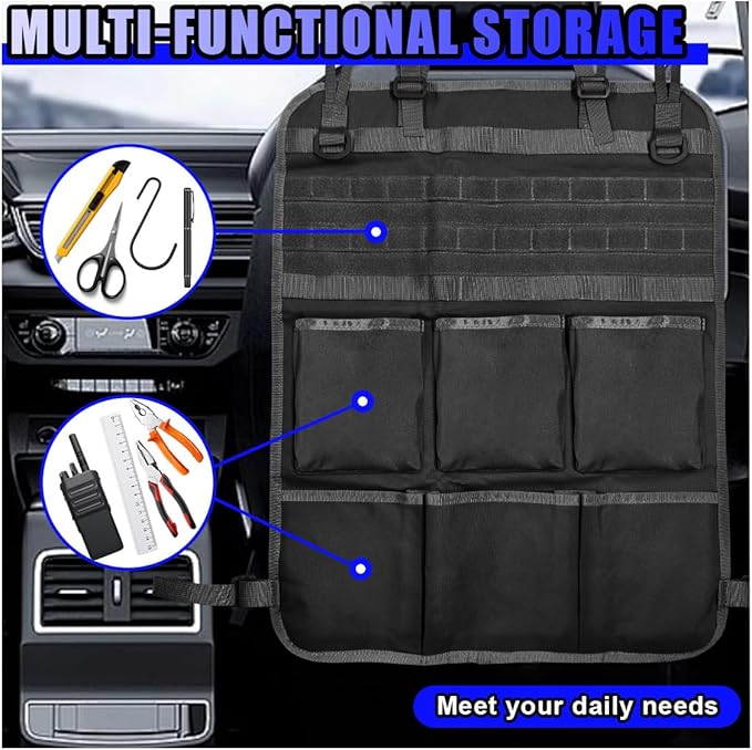 Tactical Molle Panel Car Seat Back Organizer, Waterproof Car Front Seat Protector with Multiple Pockets, Universal Kick Mat for Kids/Pets, Vehicle Backseat Storage Bag for Most Cars (Black)