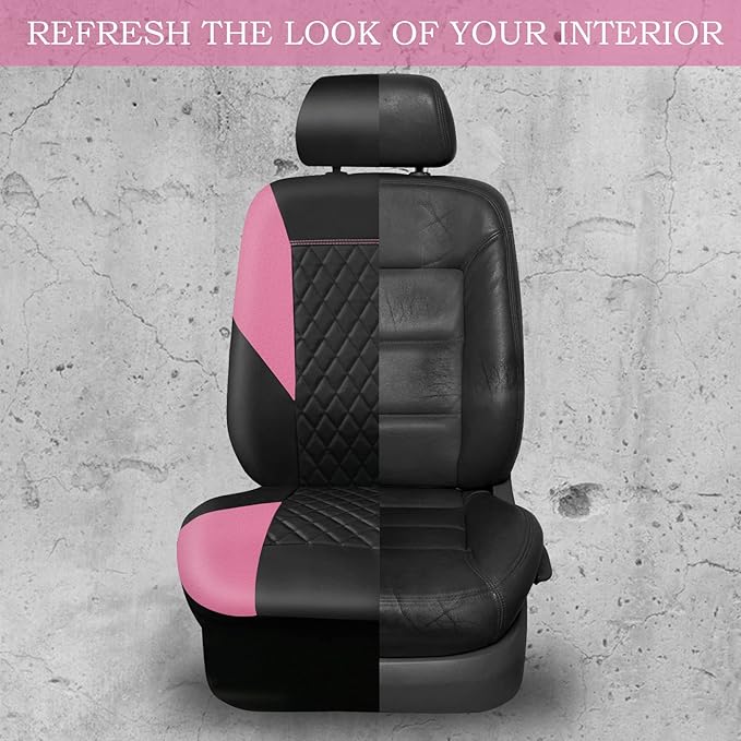 CAR PASS Pink Leather Seat Covers,Girly Quilting Pretty Cute Car Seat Cover with 5mm Composite Sponge Inside,Airbag Compatible, Universal Fit for Most Sedan,SUV,Vans(Full Set,Pink)
