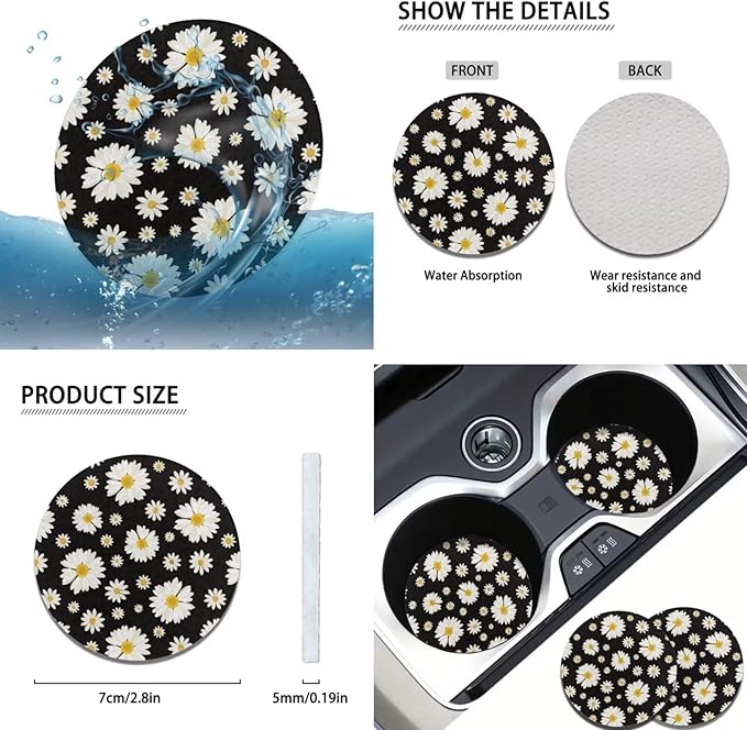 Daisy Flower Car Steering Wheel Cover Set for Women Girl White Flower Handbrake Cover Cup Coaster Armrest Cover Fits Most Cars Trucks Vans and SUV