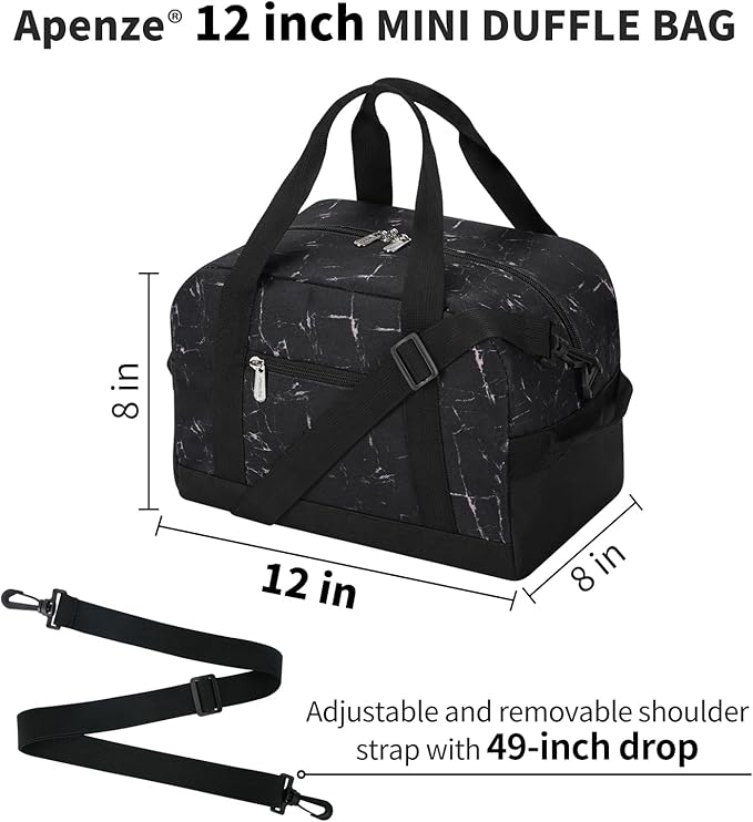 Small Gym Bag Carry On Bag - 12 in Mini Duffle Bag Lightweight for Overnight Travel(Marble Black)
