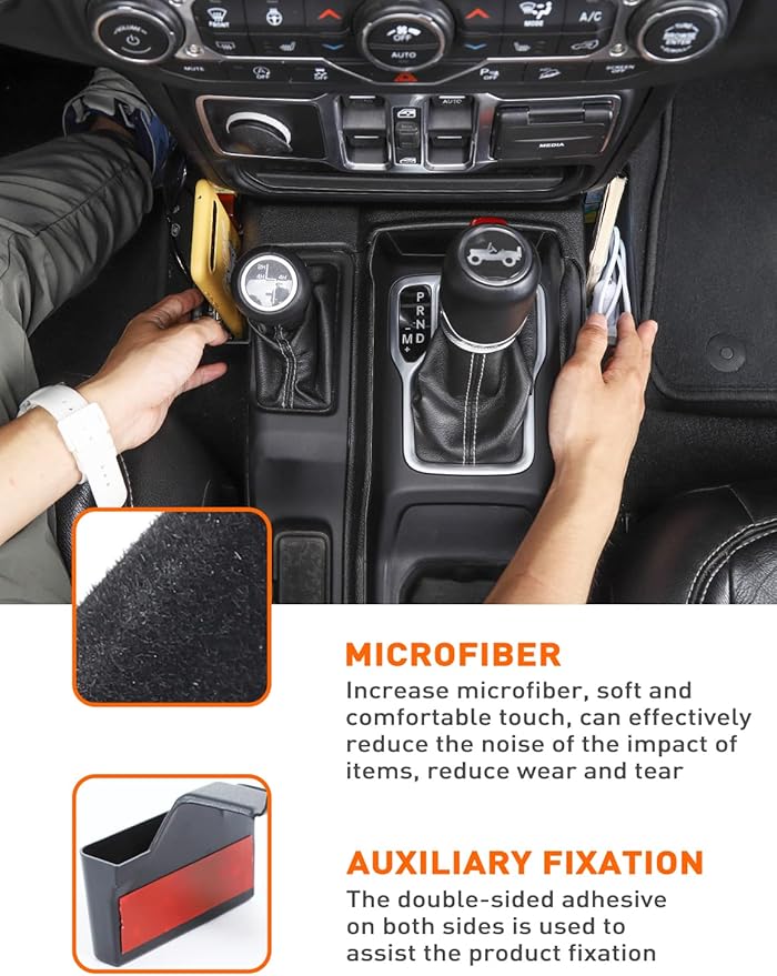 Savadicar GT-2 Shifter Storage Box with Microfibers, Gear Shift Side Tray, Center Console Organizer for 2018-2025 Jeep Wrangler JL JLU 4XE & Gladiator JT, Interior Accessories, Black,1 PC