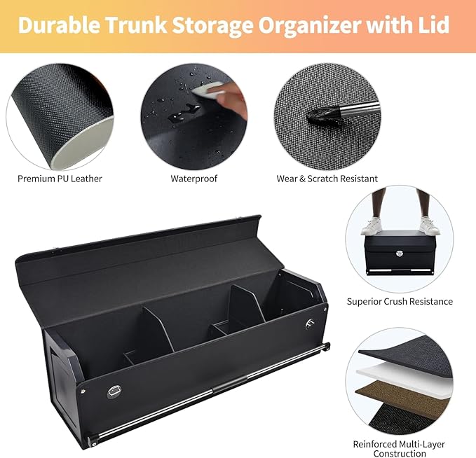 SUV Trunk Organizers, Leather Car Trunk Storage Organizer with Lid & Push-pull Handle, Large Capacity Waterproof Cargo Storage Box for SUVs Sedans Vans (39.7 x 11.4 x 12.2in)