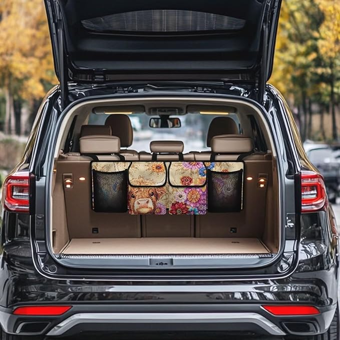Cute Highland Cow Backseat Trunk Organizer for Car Boho Mandala Flowers Auto Hanging Seat Back Storage Bag Car Back Seat Organizer