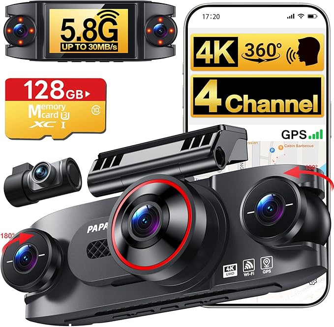 4 Channel 360° Dash Cam Front Rear and Left Right Inside, 4K+1080P*3 Dash Camera for Cars with Free 128GB SD Card, 5.8GHz WiFi-30MB/s, 24H Parking Mode, G-Sensor, GPS, Night Vision, Voice Control